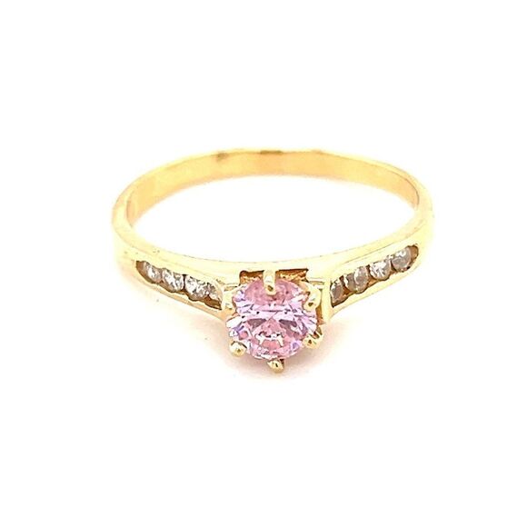 14K Gold Pink/White Cz Solitaire Ring - Picture 1 of 16
